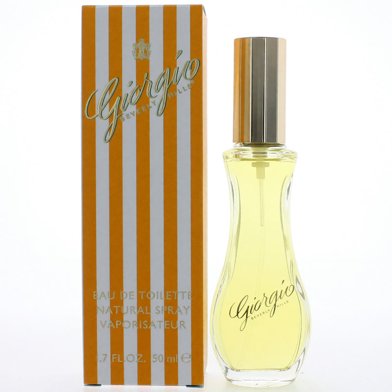 Giorgio Beverly Hills 1.7 oz women's EDT spray bottle with elegant packaging and floral design.