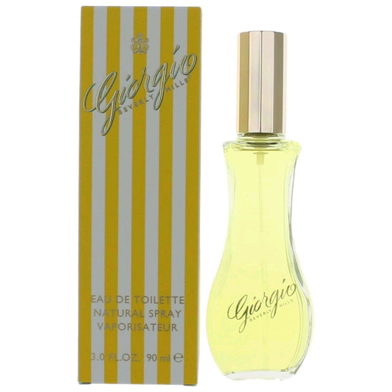 Giorgio Beverly Hills 3 oz women's EDT spray bottle with elegant packaging and clear spray nozzle.
