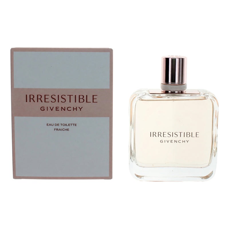 Givenchy Irresistible 2.7 oz EDT Fraiche spray for women, with the perfume bottle and elegant packaging visible.