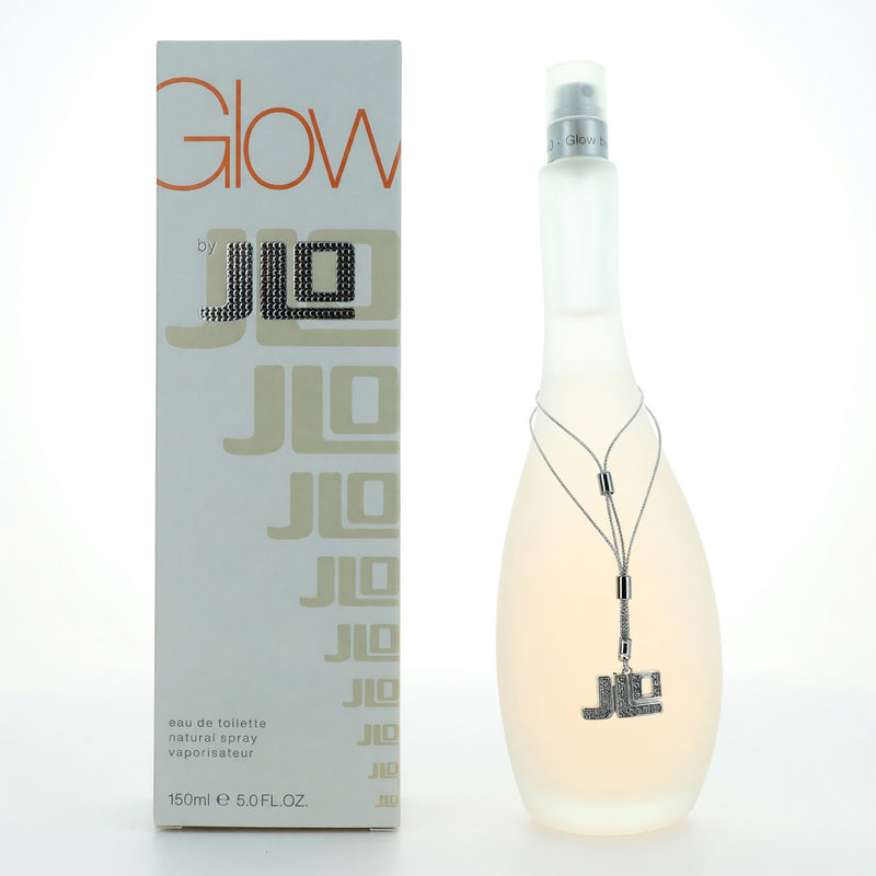 J. Lo Glow 5 oz women's EDT spray bottle with clear glass and gold accents, showcasing the fragrance's elegant packaging.