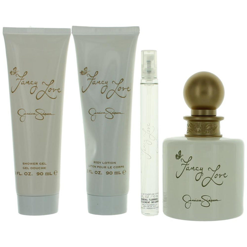 Jessica Simpson Fancy Love 4-piece gift set for women, featuring elegant packaging and a selection of beauty and fragrance products.