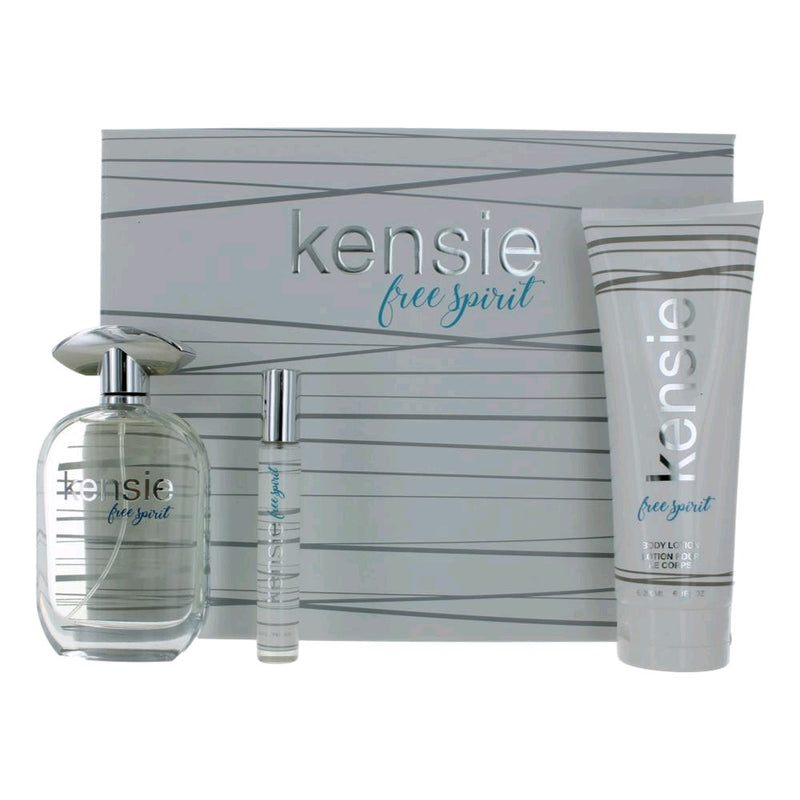 Kensie Free Spirit 3-piece gift set for women, including perfume, body lotion, and shower gel, displayed in elegant packaging.
