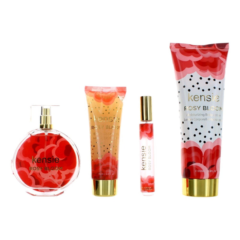 Kensie Rosy Bloom 4-piece gift set for women including perfume, body lotion, shower gel, and body spray displayed together.