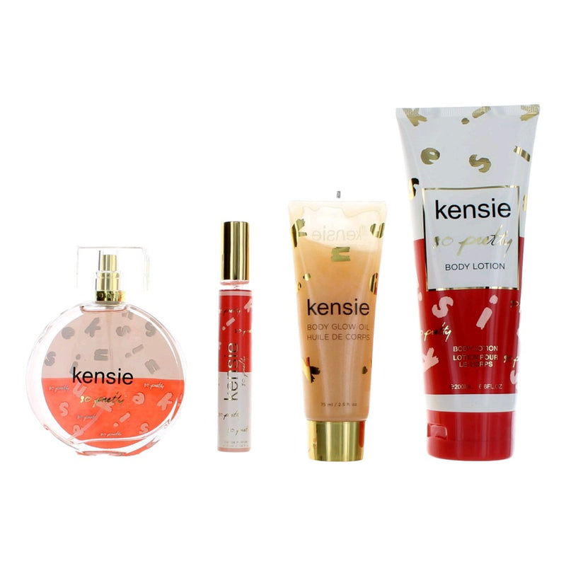 Kensie So Pretty 4-piece gift set for women featuring beauty and skincare products, arranged on a neutral background.