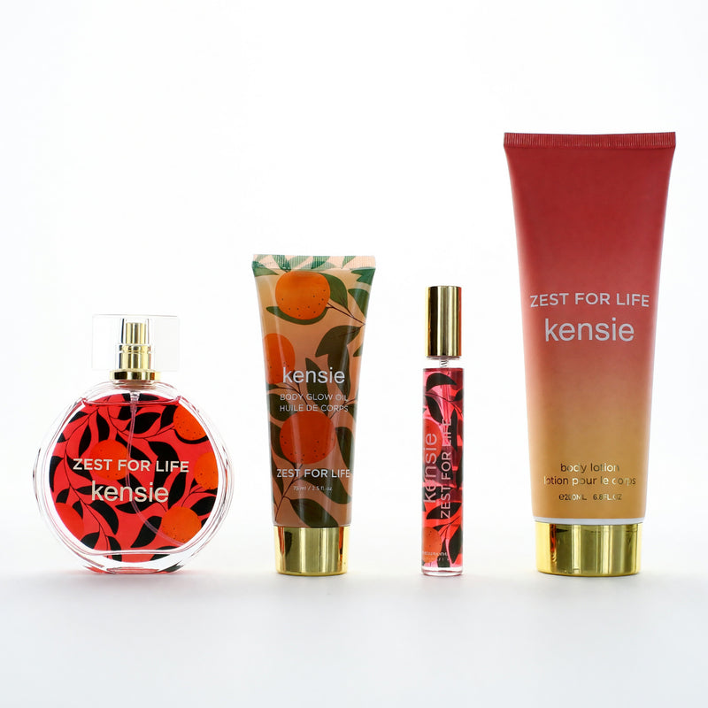 Kensie Zest For Life 4-piece gift set for women, including perfumes and body products, with colorful packaging and floral accents.
