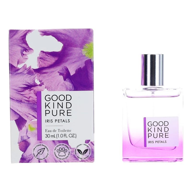 Coty Good Kind Pure Iris Petals 1 oz EDT spray for women, featuring a clear glass bottle with a floral fragrance theme.