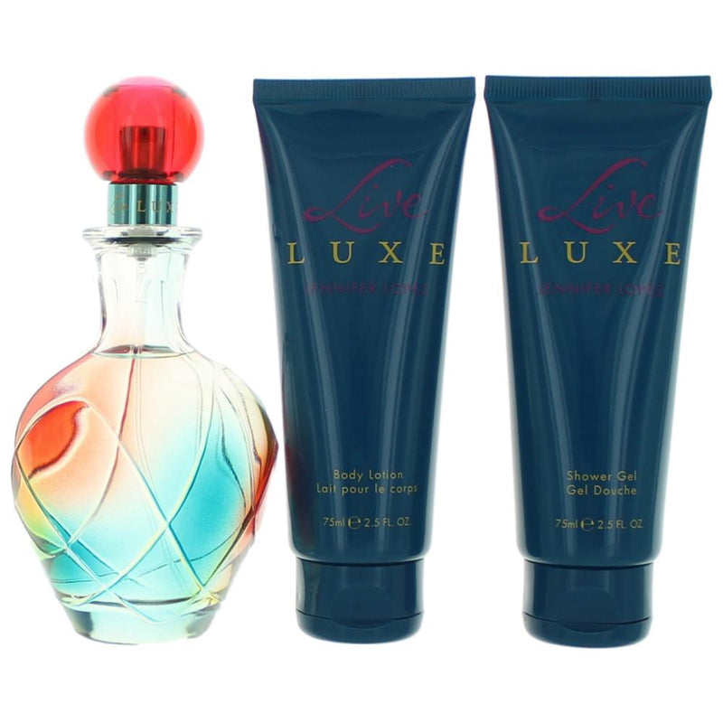 J. Lo Live Luxe 3-piece gift set for women, includes perfume bottles and packaging, elegant and luxurious display.