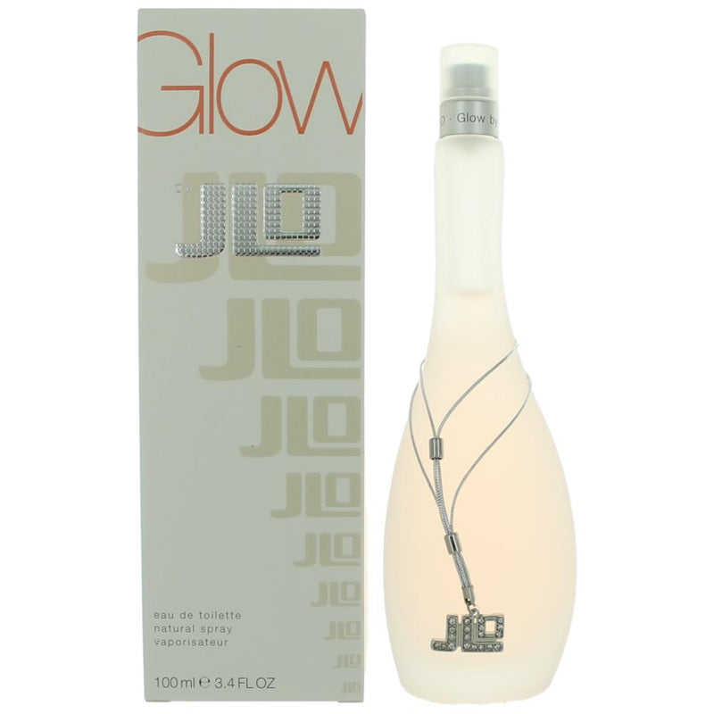 J. Lo Glow women's 3.4 oz EDT spray bottle with sleek design, featuring the brand logo and a vibrant, glowing aesthetic.