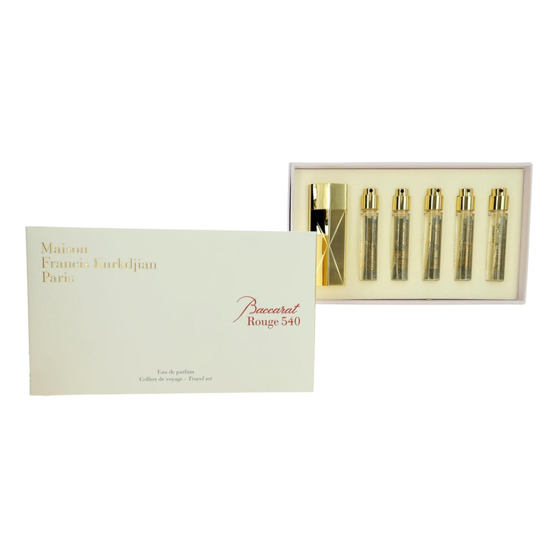 Maison Francis Kurkdjian Baccarat Rouge 540 5-piece travel set for women, featuring perfume bottles and accessories.