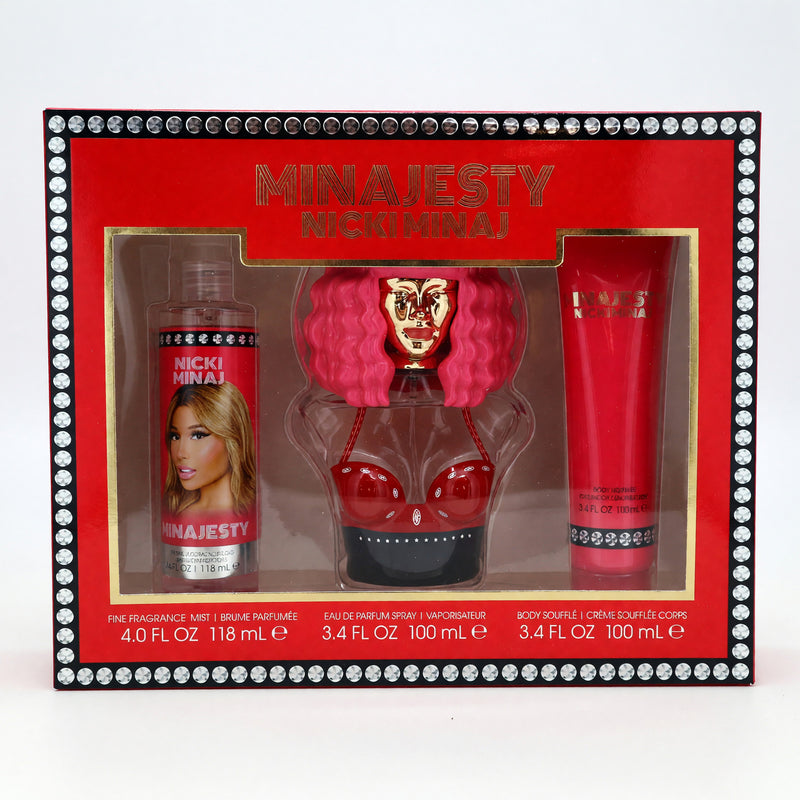 Nicki Minaj Minajesty 3-piece gift set for women, including perfume and body lotion, displayed in elegant packaging.