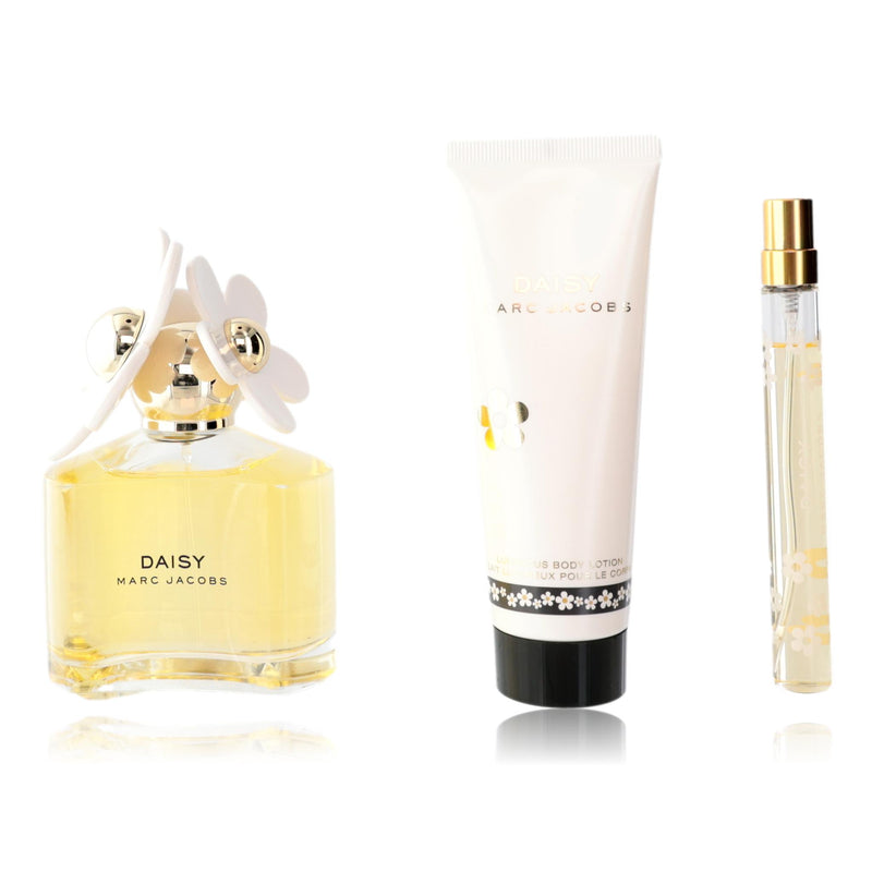 Marc Jacobs Daisy 3-piece gift set for women with perfume, lotion, and body spray in elegant packaging.