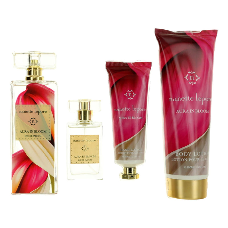 Nanette Lepore Aura In Bloom 4-piece gift set for women, including perfume, body lotion, shower gel, and body mist in elegant packaging.