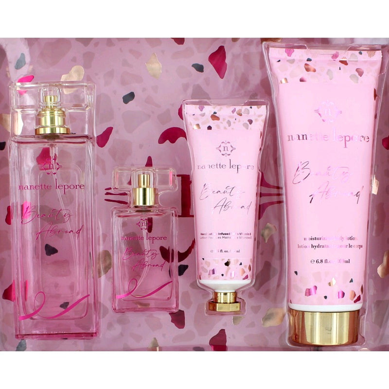 Nanette Lepore Beauty Abroad 4-piece gift set for women, featuring perfume, body lotion, and matching scent products.