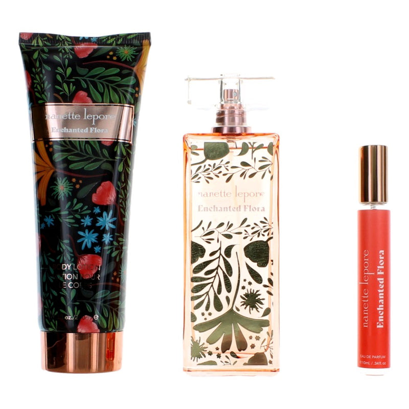 Enchanted Flora by Nanette Lepore 3-piece gift set for women, includes perfume bottle, lotion, and body spray on a decorative background.