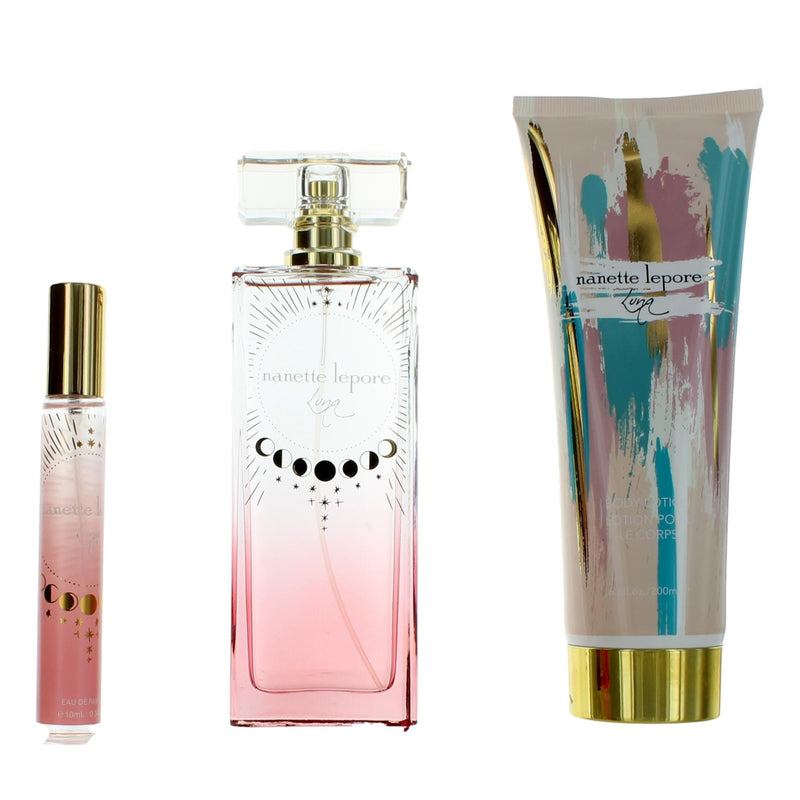 Luna by Nanette Lepore 3-piece gift set for women with skincare and beauty products, arranged in elegant packaging.