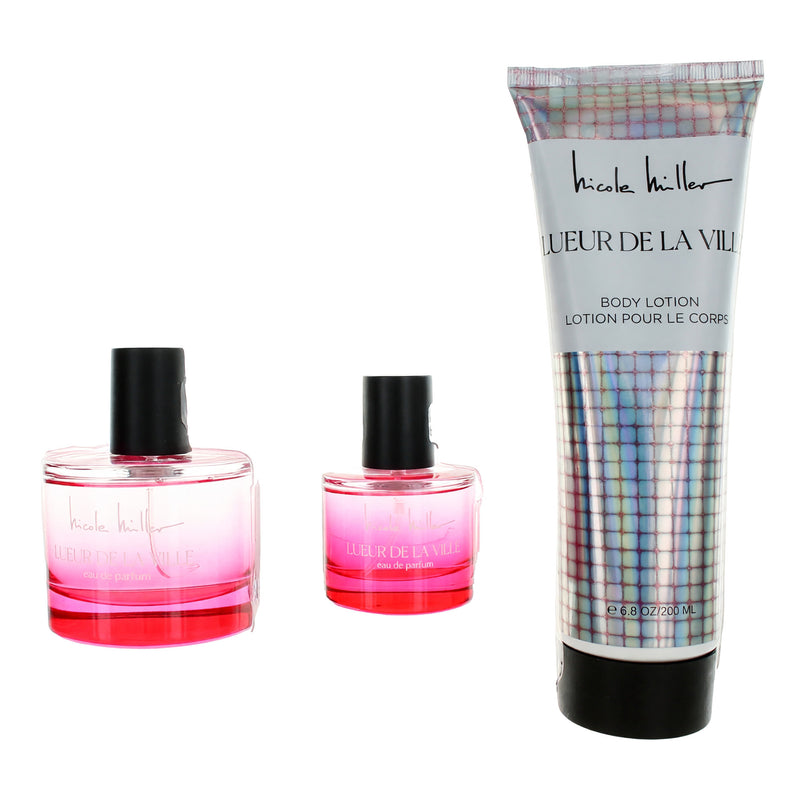 Nicole Miller Lueur De La Ville 3-piece gift set for women, featuring elegant packaging and luxurious skincare products.