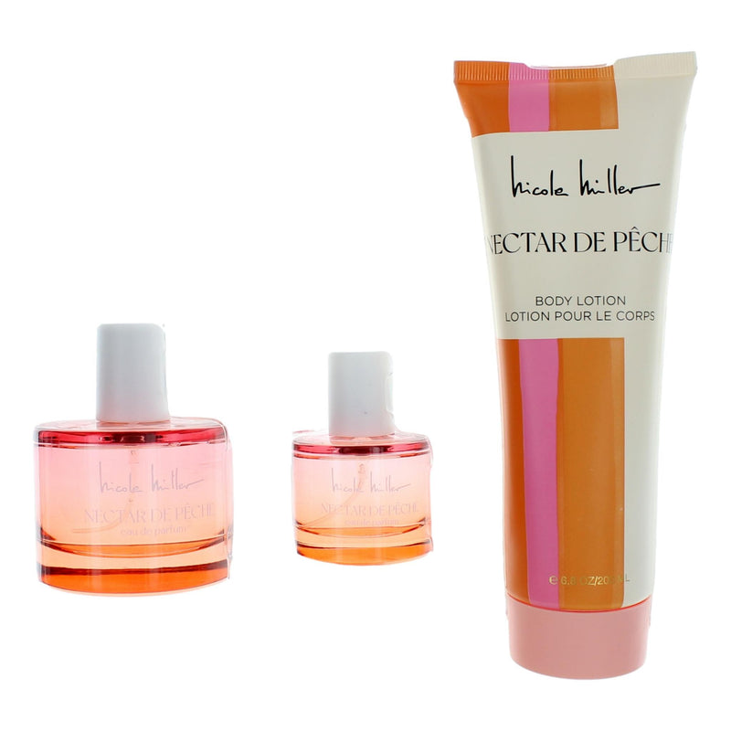 Nicole Miller Nectar De Peche 3-piece gift set for women, featuring perfume bottles with elegant packaging and peach scent accents.