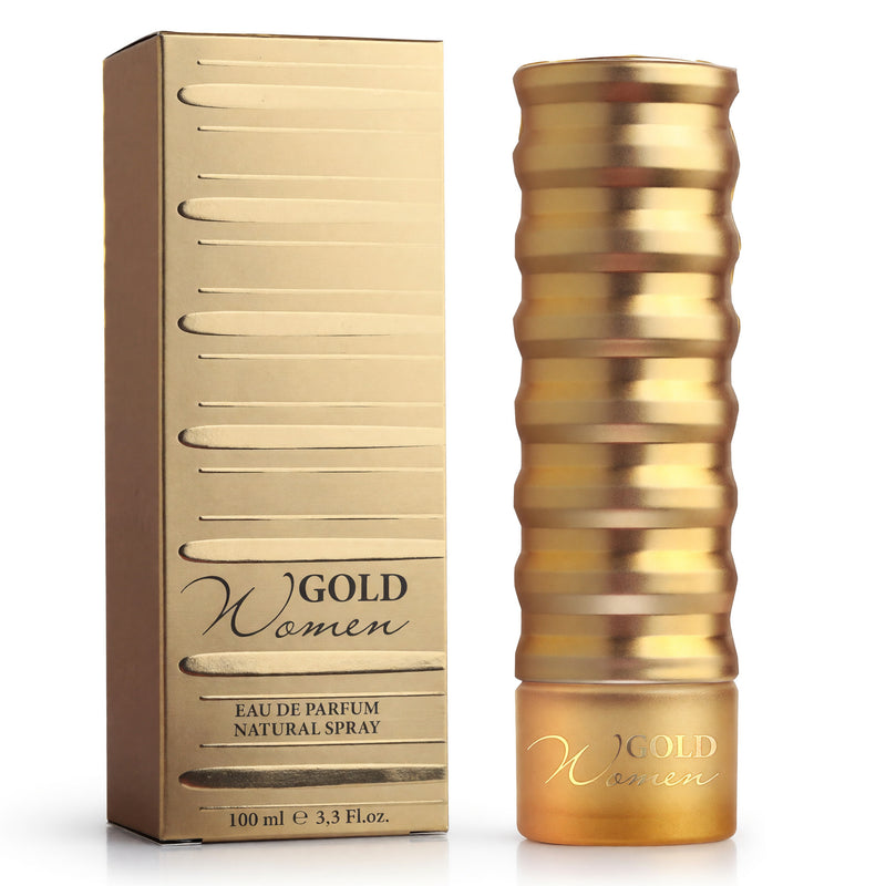 Golden New Brand 3.3 oz women's EDP spray bottle with gold accents and elegant packaging.