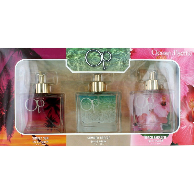 Ocean Pacific OP 3-piece fragrance gift collection for women, featuring elegant perfume bottles and packaging.