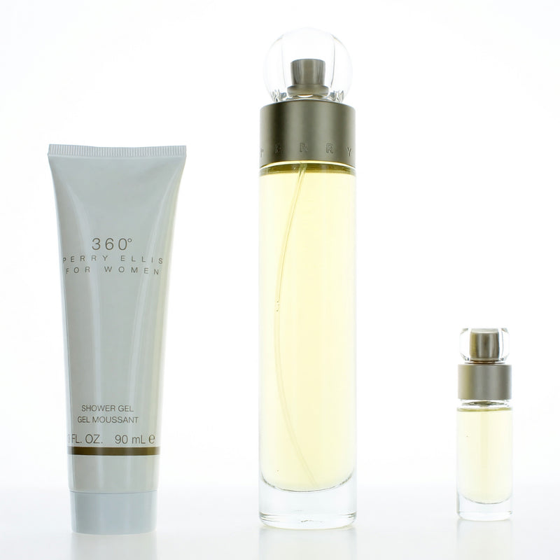 Perry Ellis 360 women's 3-piece gift set includes perfume, body lotion, and shower gel displayed in elegant packaging.