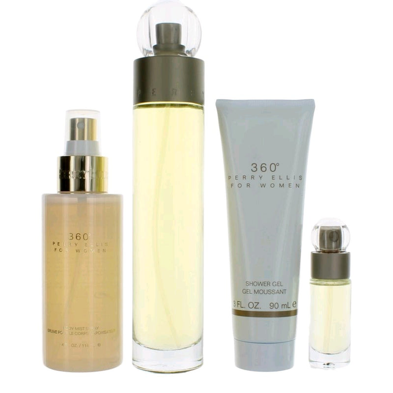 Perry Ellis 360 women's 4-piece gift set including perfume, body lotion, shower gel, and body spray displayed in a gift box.