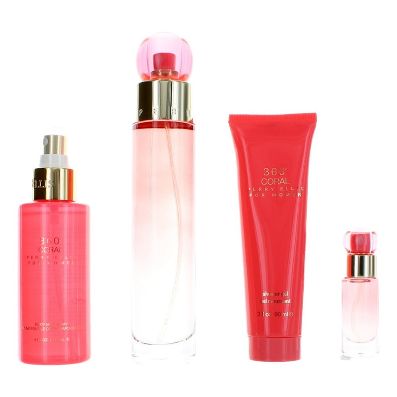 Perry Ellis 360 Coral women's 4-piece gift set including perfume, body lotion, shower gel, and deodorant.
