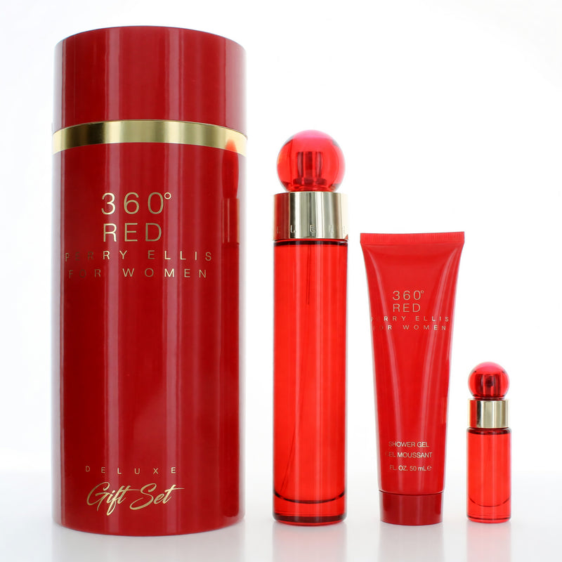 Perry Ellis 360 Red women's 3-piece set featuring stylish clothing and accessories, displayed on a white background.