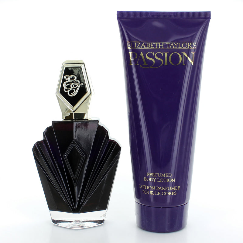 Passion by Elizabeth Taylor 2-piece gift set for women, includes perfume bottle and matching body lotion in elegant packaging