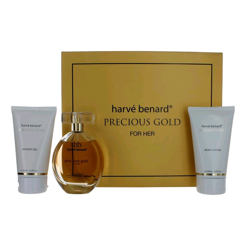 Harve Bernard Precious Gold 3-piece gift set for women with luxurious gold-themed packaging and elegant product presentation.
