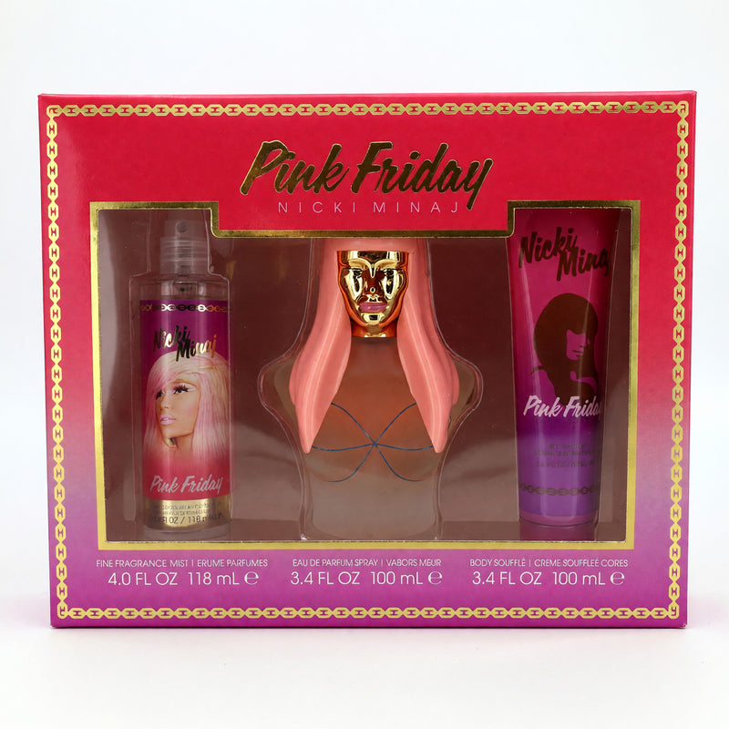Pink Friday by Nicki Minaj 3-piece gift set for women, featuring perfume, body lotion, and shower gel in attractive packaging.