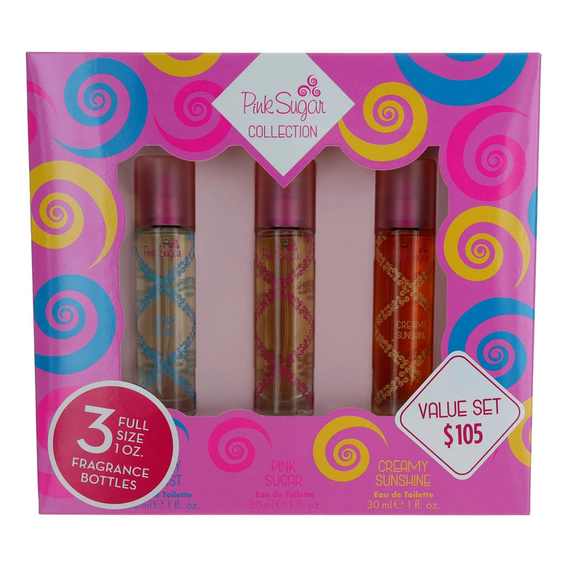 Aquolina Pink Sugar 3-piece gift set for women featuring pink bottles with sweet, fruity perfume scents.