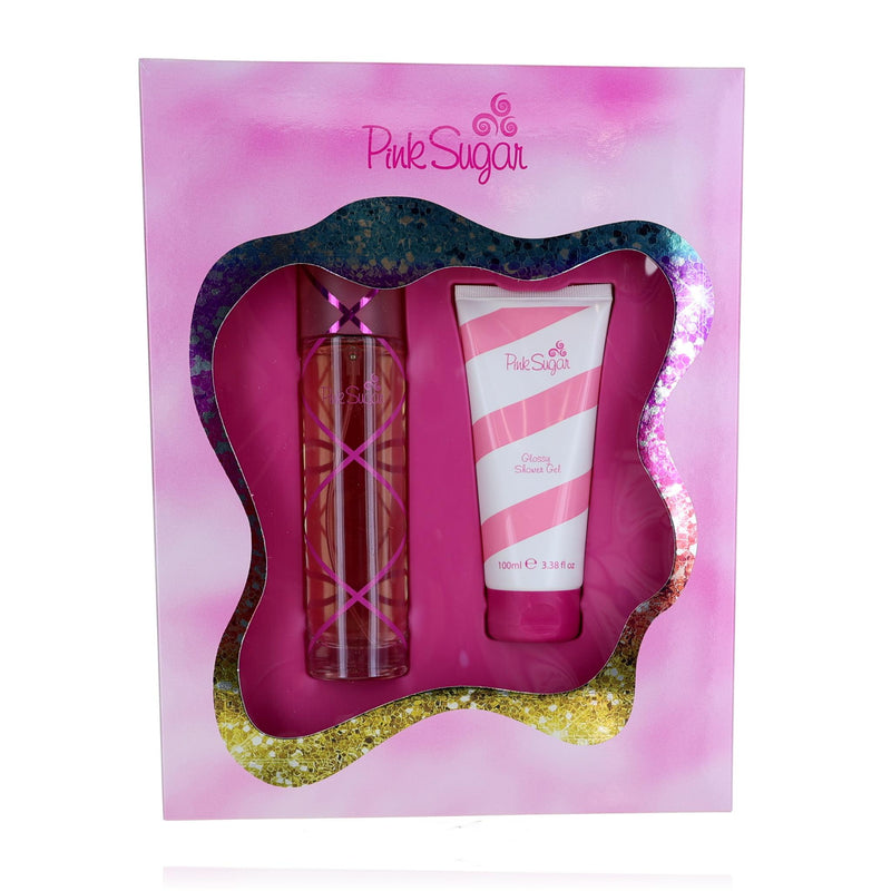 Pink Sugar by Aquolina 2-piece women’s perfume set, featuring a pink bottle and matching spray, elegant and feminine fragrance display.