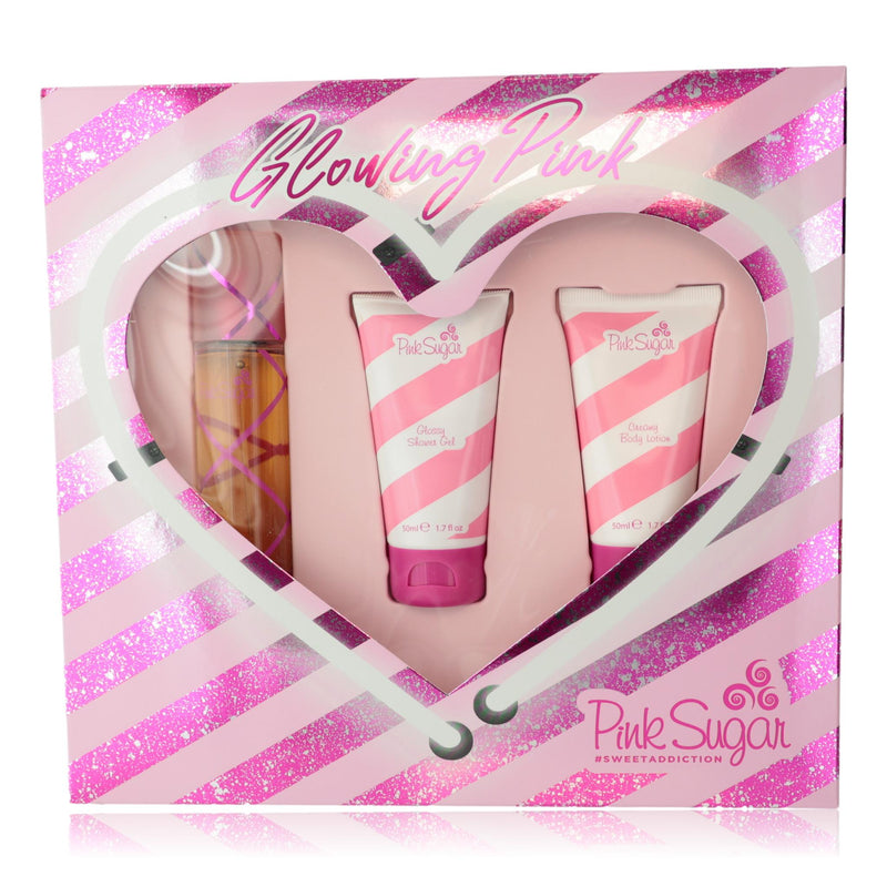 Pink Sugar by Aquolina 3-piece gift set for women, featuring perfume bottles and matching body products in pink packaging.