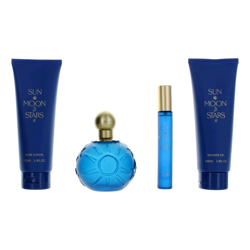 United Colors Sun Moon Stars 4-piece gift set for women, featuring celestial-themed jewelry pieces on a white background.