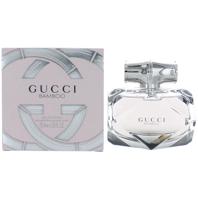 Gucci Bamboo 2.5 oz women's Eau de Parfum spray bottle with elegant packaging and gold accents.