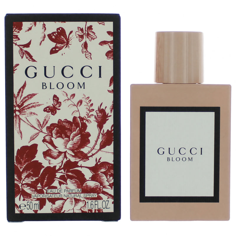 Gucci Bloom by Gucci 1.6 oz women’s Eau de Parfum spray bottle with floral design and elegant packaging.
