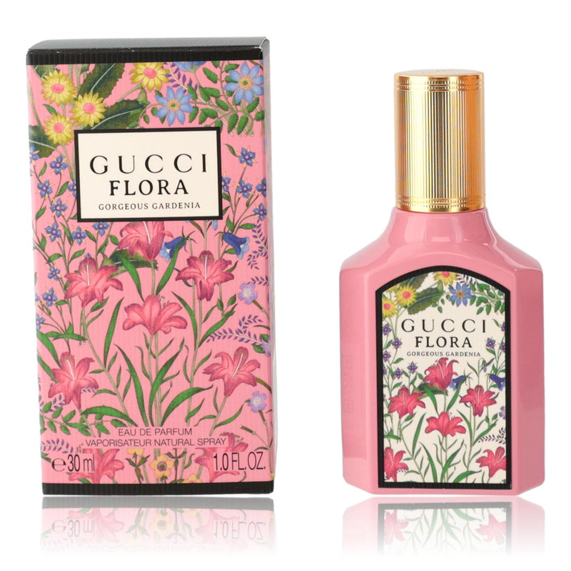 Gucci Flora Gorgeous Gardenia 1 oz women's EDP spray bottle with floral design and perfume cap.