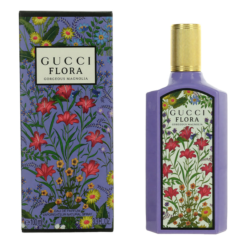 Gucci Flora Gorgeous Magnolia 3.3 oz Eau de Parfum spray for women, featuring a floral fragrance bottle with elegant design