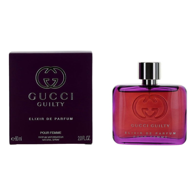 Gucci Guilty Elixir De Parfum Pour Femme 2oz spray bottle, elegant glass design with Gucci branding for women.