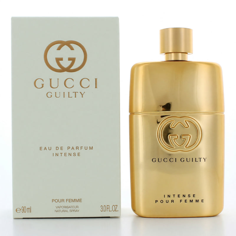 Gucci Guilty Pour Femme 3 oz EDP Intense spray for women, featuring elegant perfume bottle with Gucci branding and floral accents.
