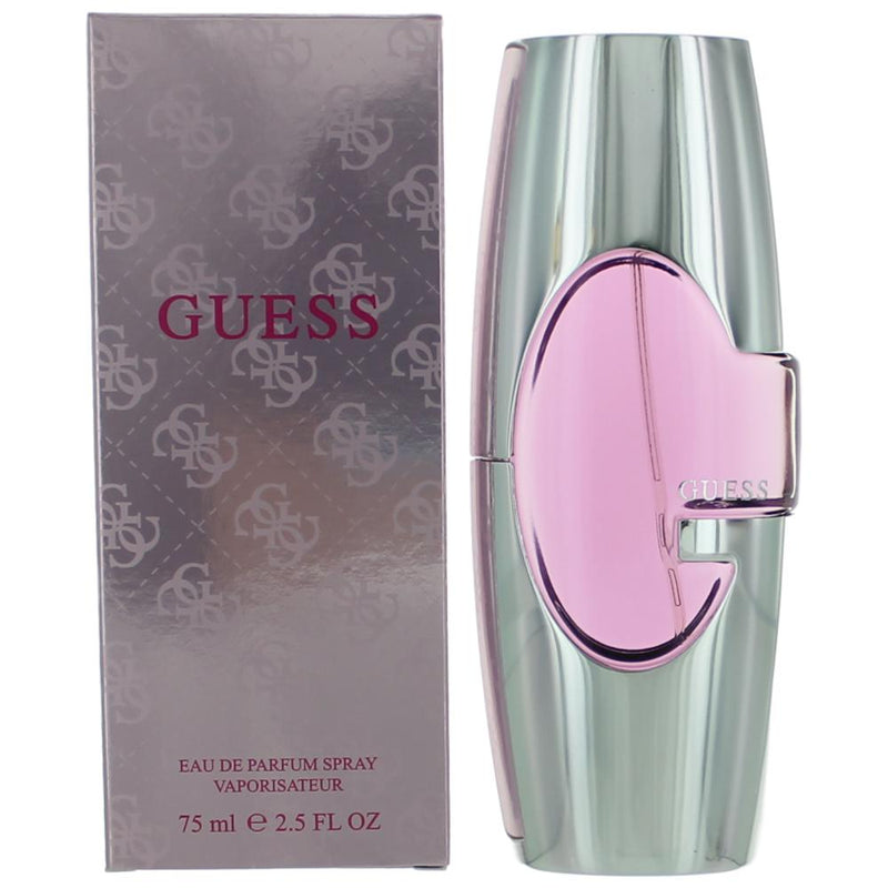 Guess by Parlux 2.5 oz women's EDP spray bottle, elegant glass container with floral design, ready for use.