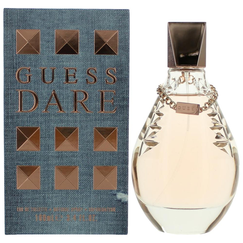 Guess Dare women’s 3.4 oz EDT spray bottle with sleek design, featuring the Guess logo on a stylish perfume packaging.