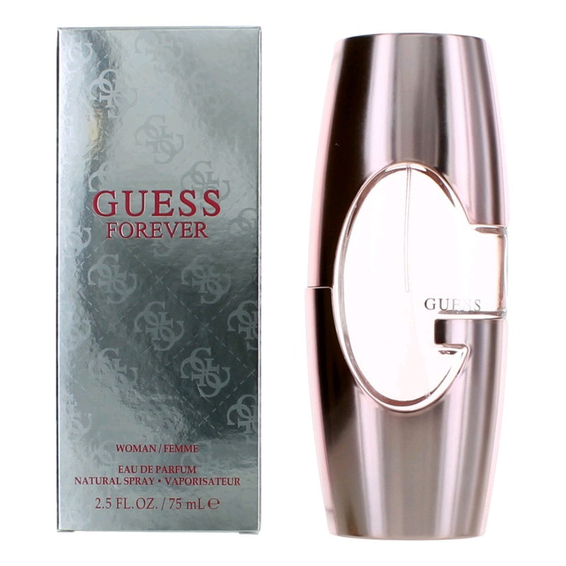 Guess Forever women’s 2.5 oz Eau de Parfum spray bottle, elegant glass container with Guess branding.