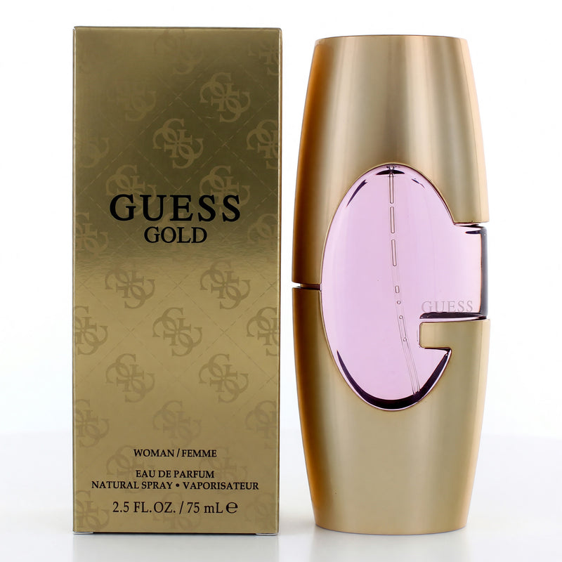 Guess Gold by Parlux 2.5 oz women's EDP spray bottle, elegant glass container with gold accents.