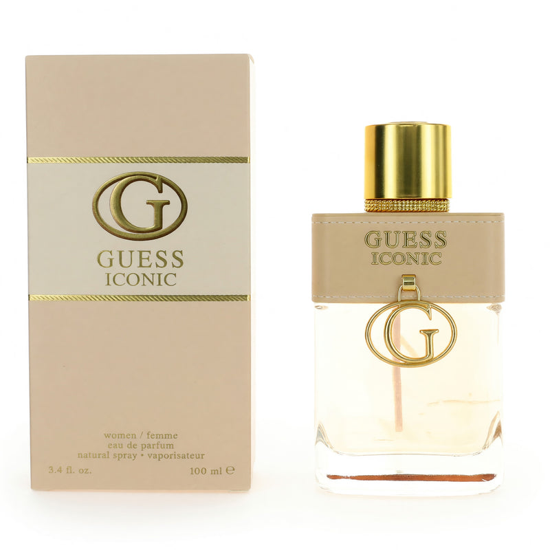 Guess Iconic women's 3.4 oz EDP spray bottle, showcasing the elegant perfume design and branding on the glass container.