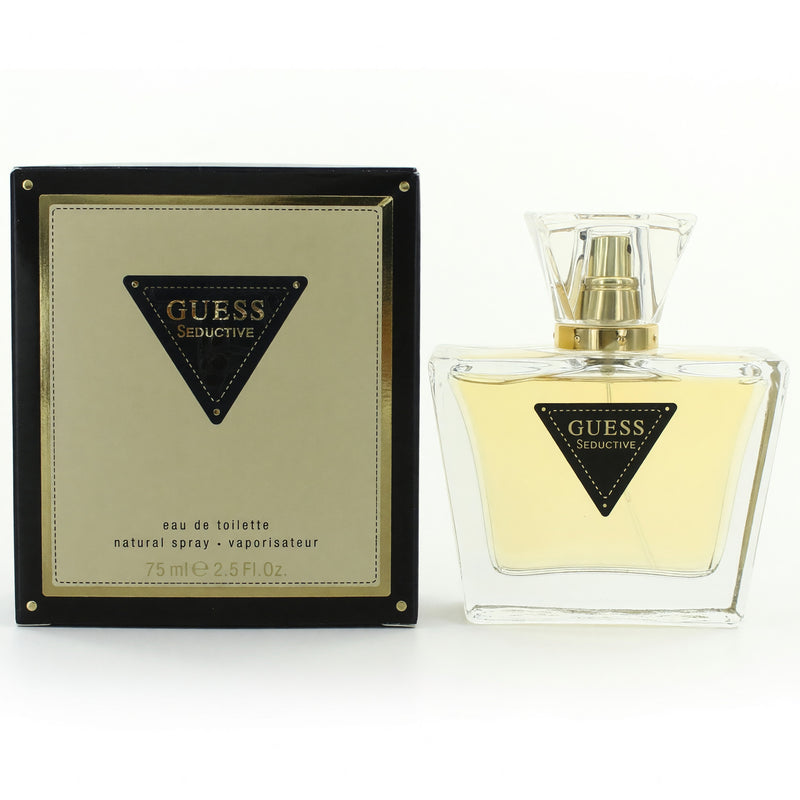 Guess Seductive women’s 2.5 oz EDT spray bottle, featuring the Guess logo and elegant packaging.