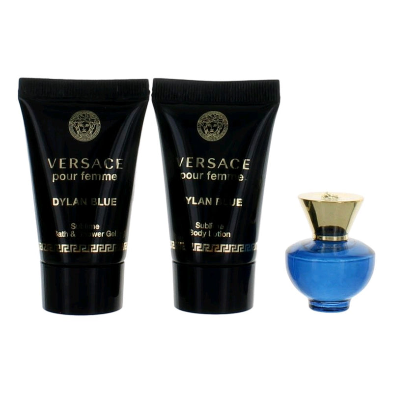 Versace Pour Femme Dylan Blue 3-piece mini gift set for women, includes perfume bottles and packaging.