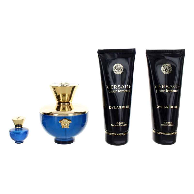 Versace Pour Femme Dylan Blue 4-piece gift set for women, includes perfume bottle, body lotion, shower gel, and pouch.