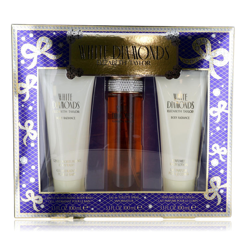 White Diamonds Elizabeth Taylor 3-piece set for women, featuring elegant jewelry pieces with sparkling white gemstones.
