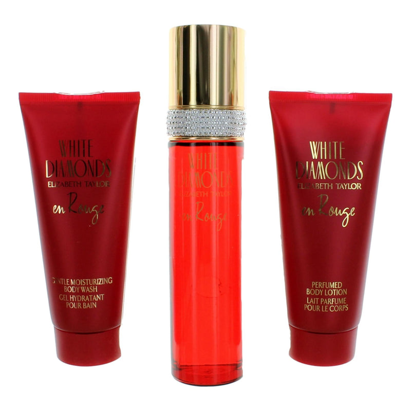 Elizabeth Taylor White Diamonds En Rouge 3-piece gift set for women, featuring elegant perfume bottles and packaging.
